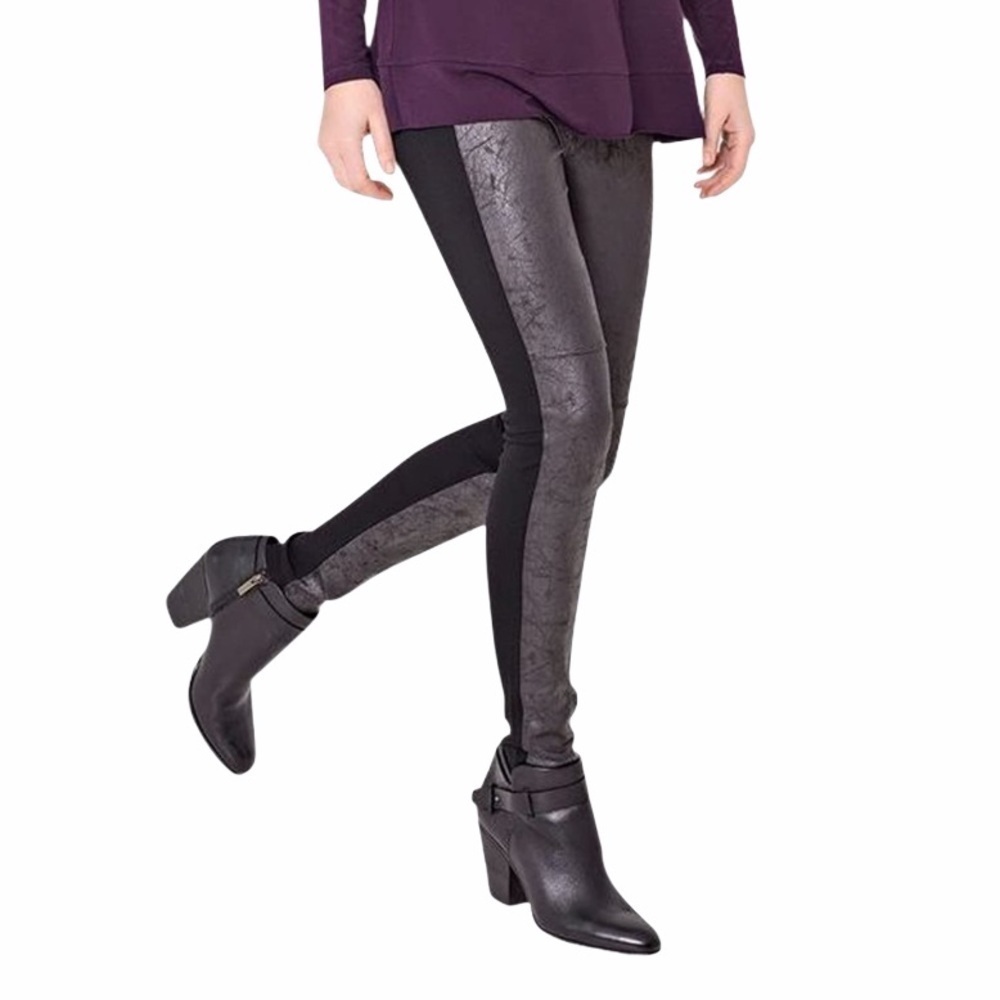 Lyssé Black Foil Faux Vegan Leather Front Leggings Size M